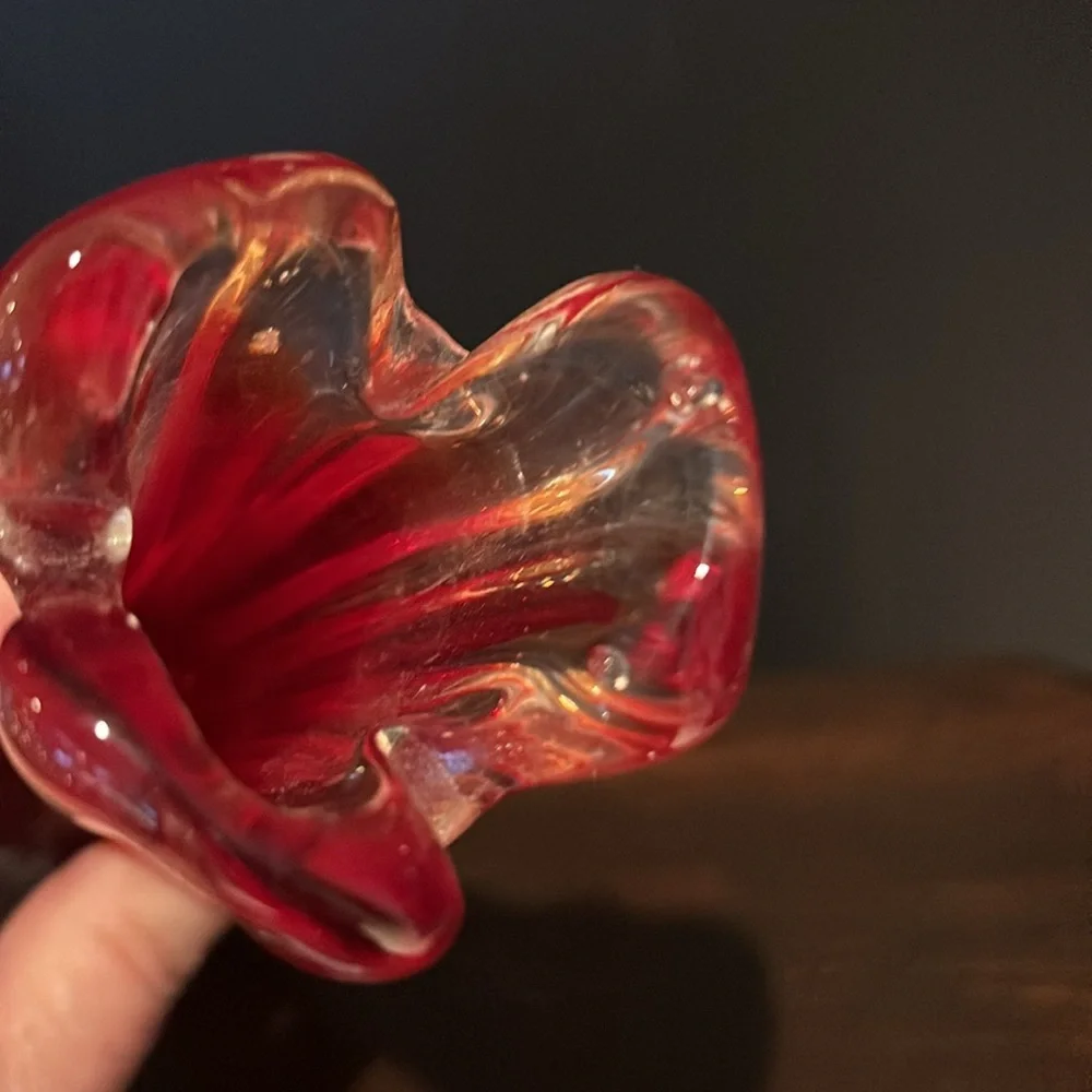 Vintage Art Glass Swung Bud Vase Red Twisted Three Finger Mid Century 9.5” Tall